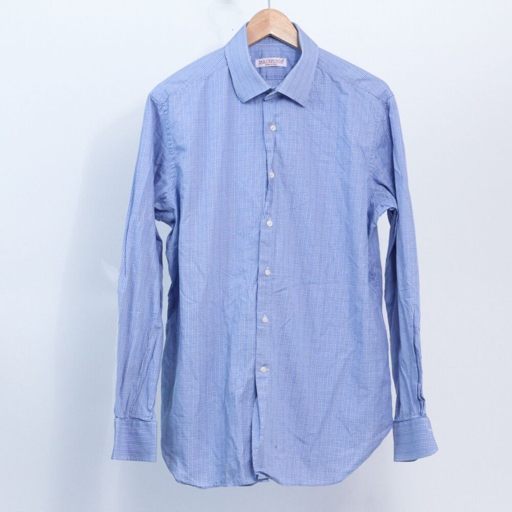 Dolcepunta Men's Blue Plaid Cotton Casual Classic Button Up Dress Shirt Large